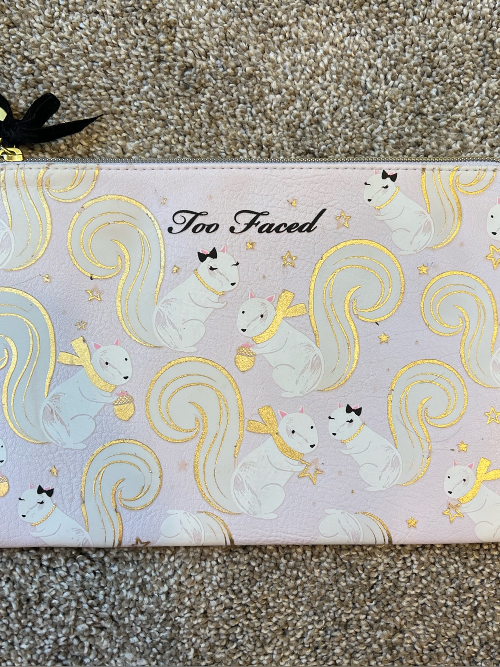 Too Faced Pink and Gold Squirrel Cosmetic Pouch